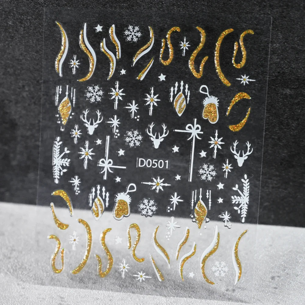 1pc Christmas Nail Sticker 3D Gold Glitter Snowflake Elk Penguin Bells Design Adhesive Nail Slider Decals Winter Manicure Decor* (Online Order Only)