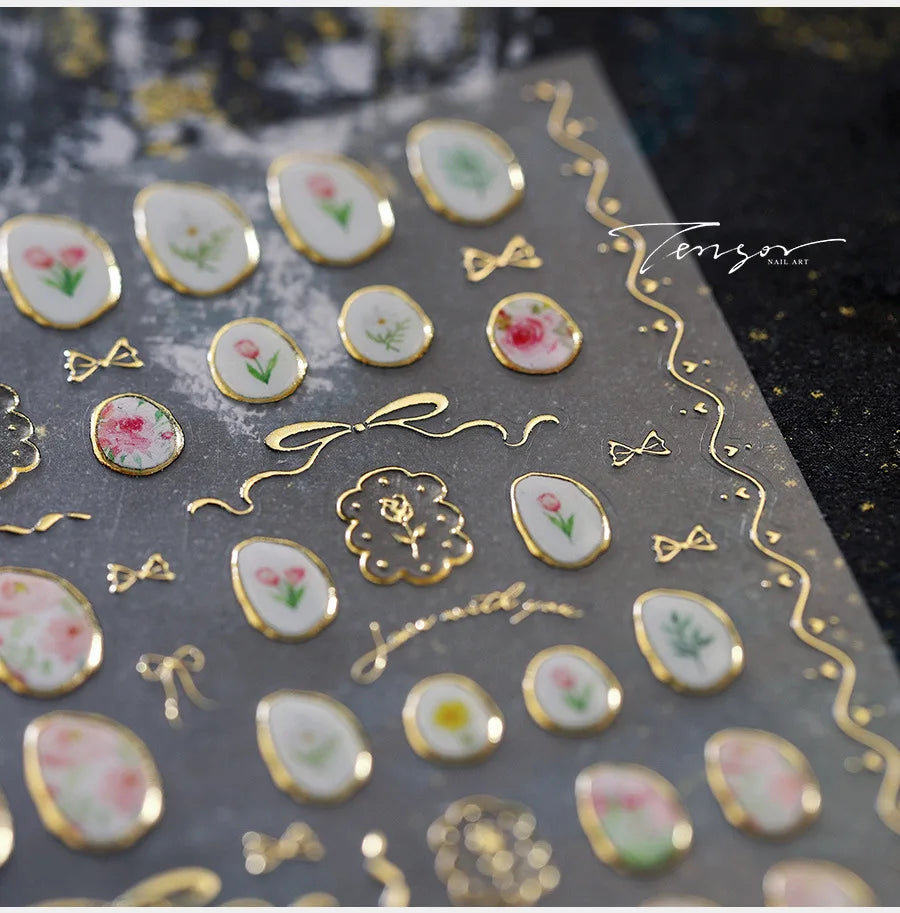 Hot Stamping Jelly All Tulips Garden Flower Bowknot Wave Lace Line Golden and Radiant Adhesive Nail Art Stickers Manicure Decals (ONLINE ORDER ONLY)