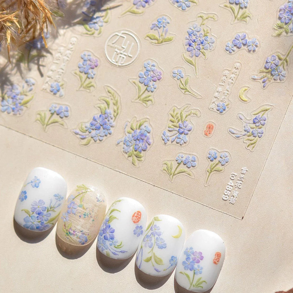 Vibrant and Lively Pullulate Purple Blue Snow Orchid Flower Garden Springtime Adhesive Nail Art Sticker Chic 3D Manicure Decals (Online Order Only)