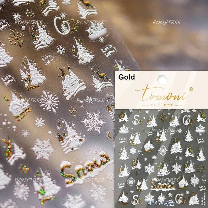 Snowman Tree House Cedar White Pine Forest Warm Winter Cloud Self Adhesive Nail Art Stickers Snowflake Star Snow Manicure Decals (ONLINE ORDER ONLY)