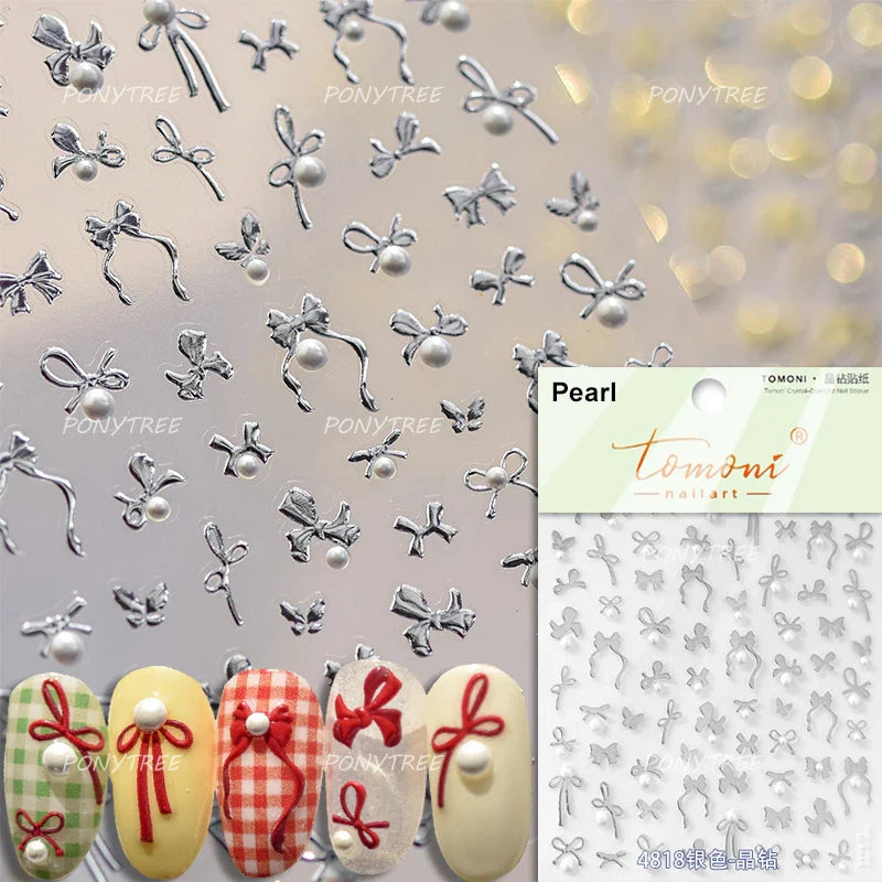 Simple Line Bowknot Red Gold Silver Laser Pink Hot Stamping 3D Self Adhesive Nail Art Stickers Pearl Rhinestone Manicure Decals (ONLINE ORDER ONLY)