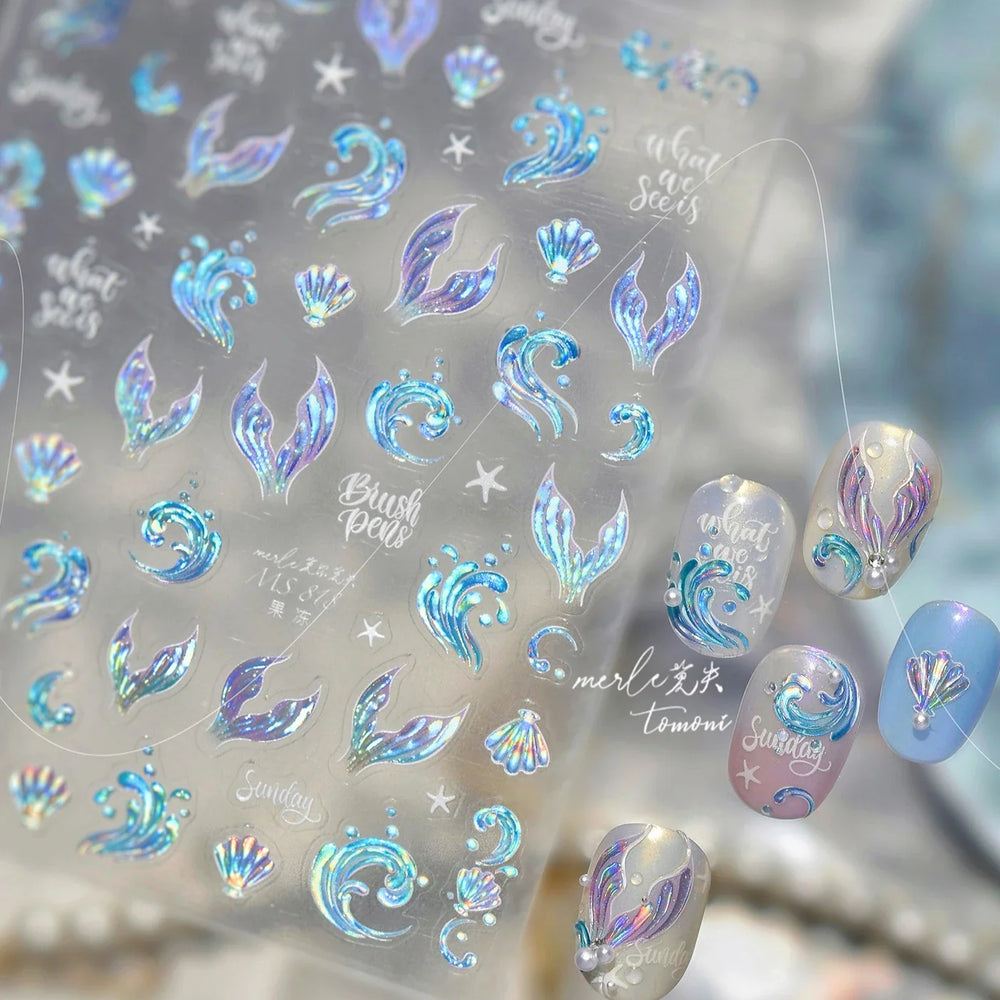 Shiny Mermaid Tail Fish Tail Sea Wave Jelly Spoondrift Shell Starfish Ocean Romantic Delicate Nail Art Stickers Manicure Decals (ONLINE ORDER ONLY)