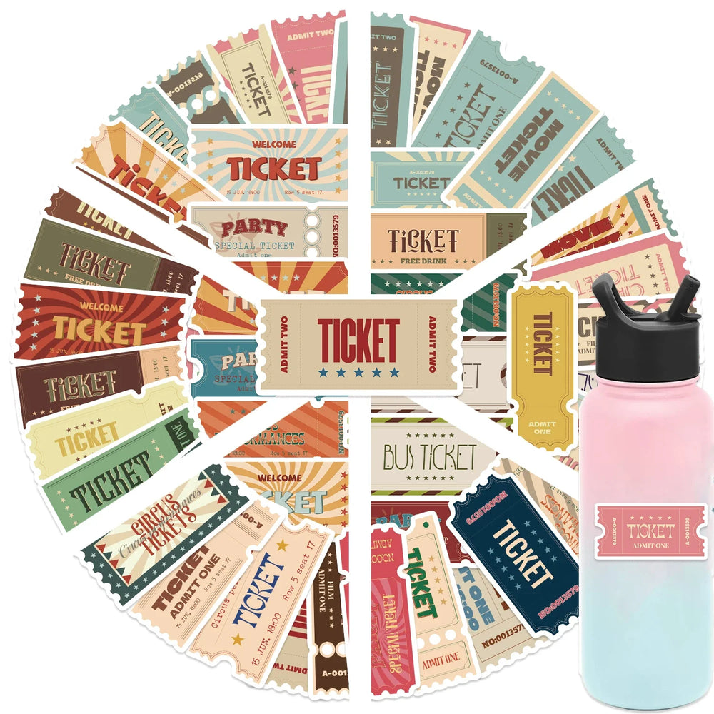 50pcs Vintage Ticket Stubs Stickers Seals for Water Bottles Laptops Skateboards Waterproof Durable Sticker for Teens and Adults (ONLINE ORDER ONLY)