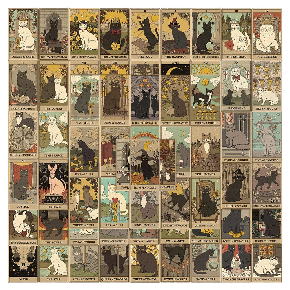 10/30/72PCS Cute Cartoon Mystic Cat Tarot Card Stickers Divination Aesthetic Decal Scrapbook Laptop Phone Car Graffiti Sticker (ONLINE ORDER ONLY)