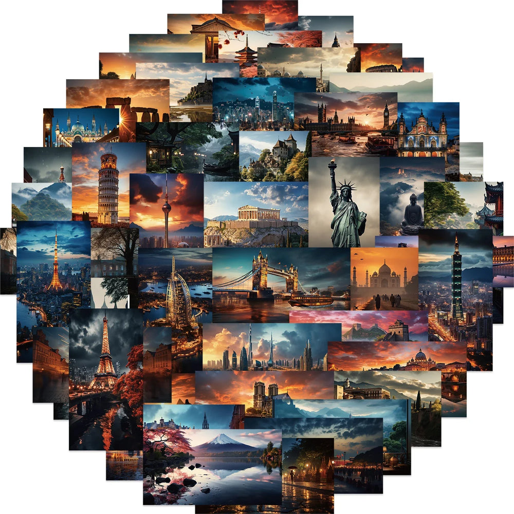 50pcs Cartoon Aesthetic World City Landmarks Stickers Vintage Travel Landmark Scenery Decals Graffiti DIY Suitcase Sticker (ONLINE ORDER ONLY)