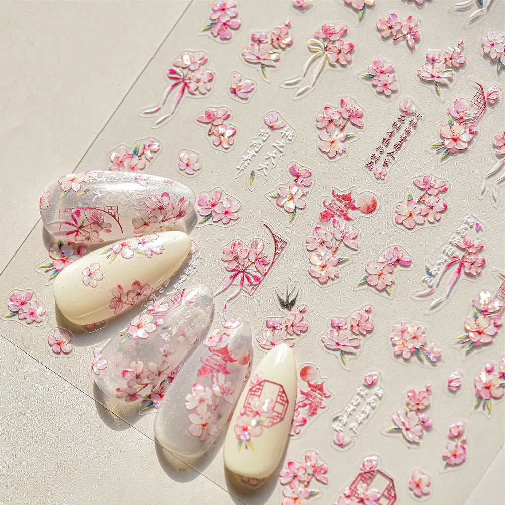 Antique Pear Blossom Peach Blossom Flower Swallow Pattern Adhesive Nail Art Stickers Spring Vibrant and Lively Manicure Decals (ONLINE ORDER ONLY)