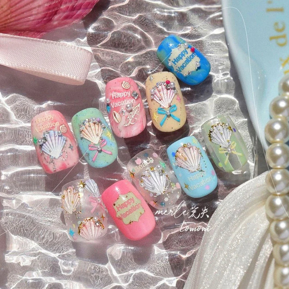 Hot Stamping Laser Shell Conch Starfish Pearl Whale Coral Dolphin Summer Beach Sea Wave Jellyfish Bubble Nail Art Stickers Decal (ONLINE ORDER ONLY)