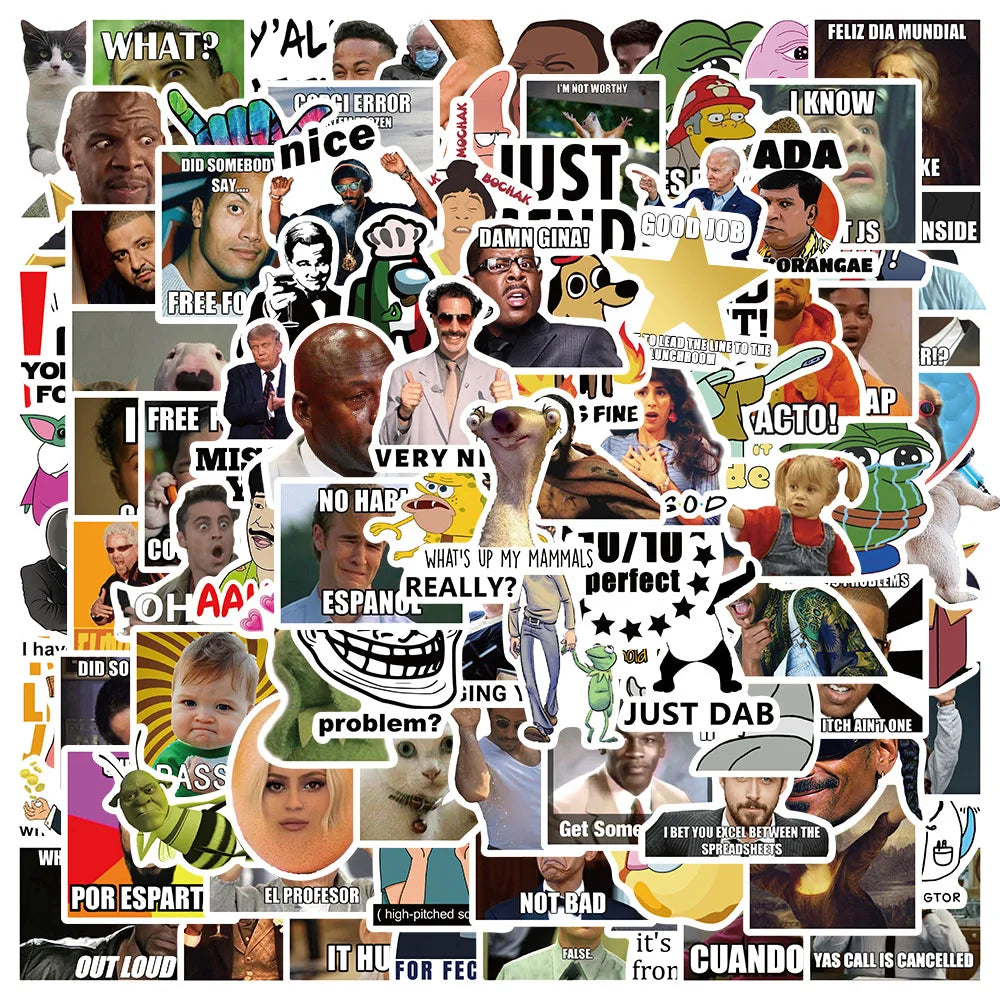 50/100pcs Funny Meme Stickers For Laptop Guitar Skateboard Water Bottle Bicycle Car Decals Waterproof Graffiti (Online Order Only)