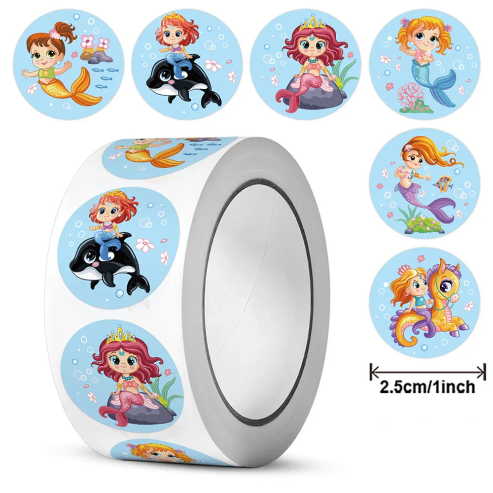 100-500pcs Cartoon Mermaid Round Sticker Label Scrapbook Envelope Seal Scrapbooking School Teacher Gift for Kids Reward Stickers (Online Order Only)