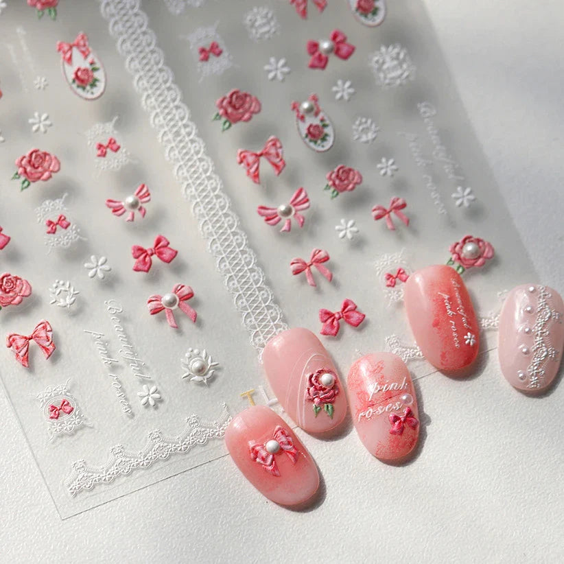 French Chic Mini Pink Rose Flower Bowknot Lace Ribbon Pearl White Little Flower Self Adhesive Nail Art Stickers Manicure Decals (ONLINE ORDER ONLY)
