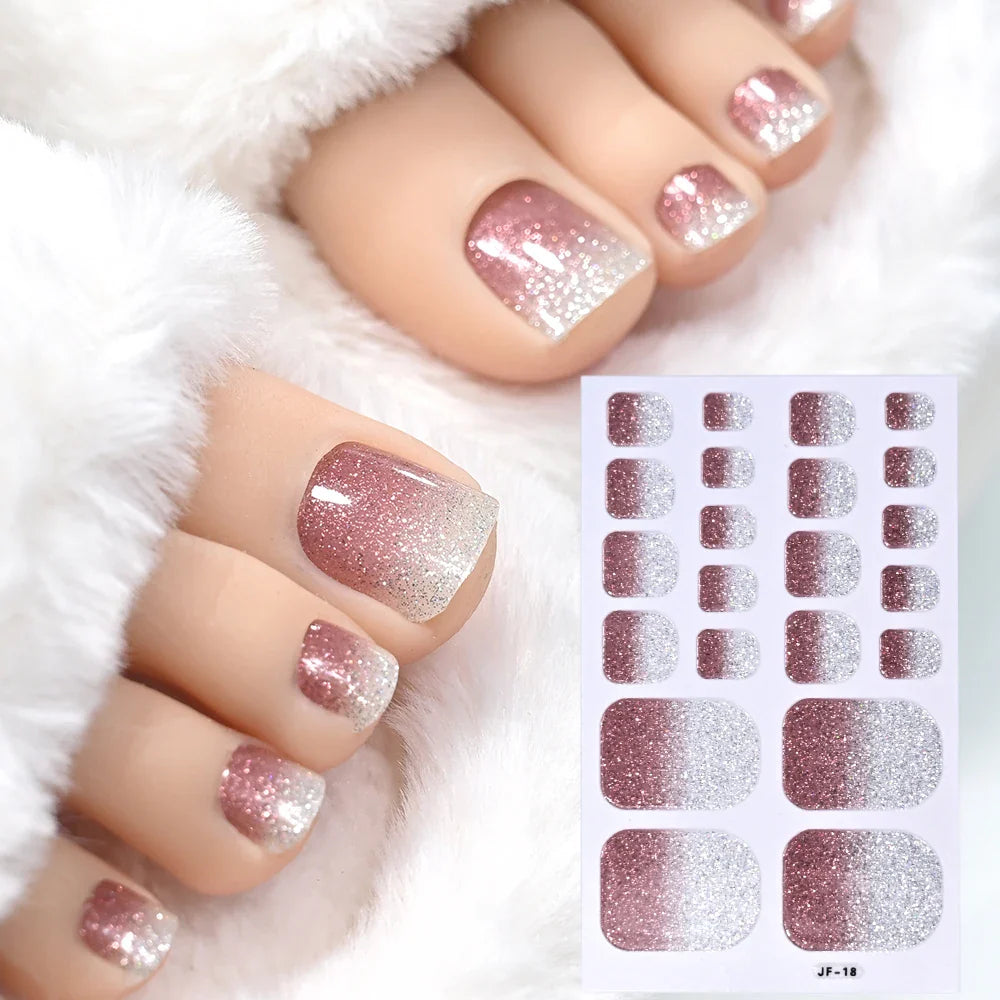 22Tips Pink Red Glitter Design Baking-free Toenail Stickers Solid Color Adhesive Full Cover Toe Nail Strip Slider Manicure Decal (ONLINE ORDER ONLY)