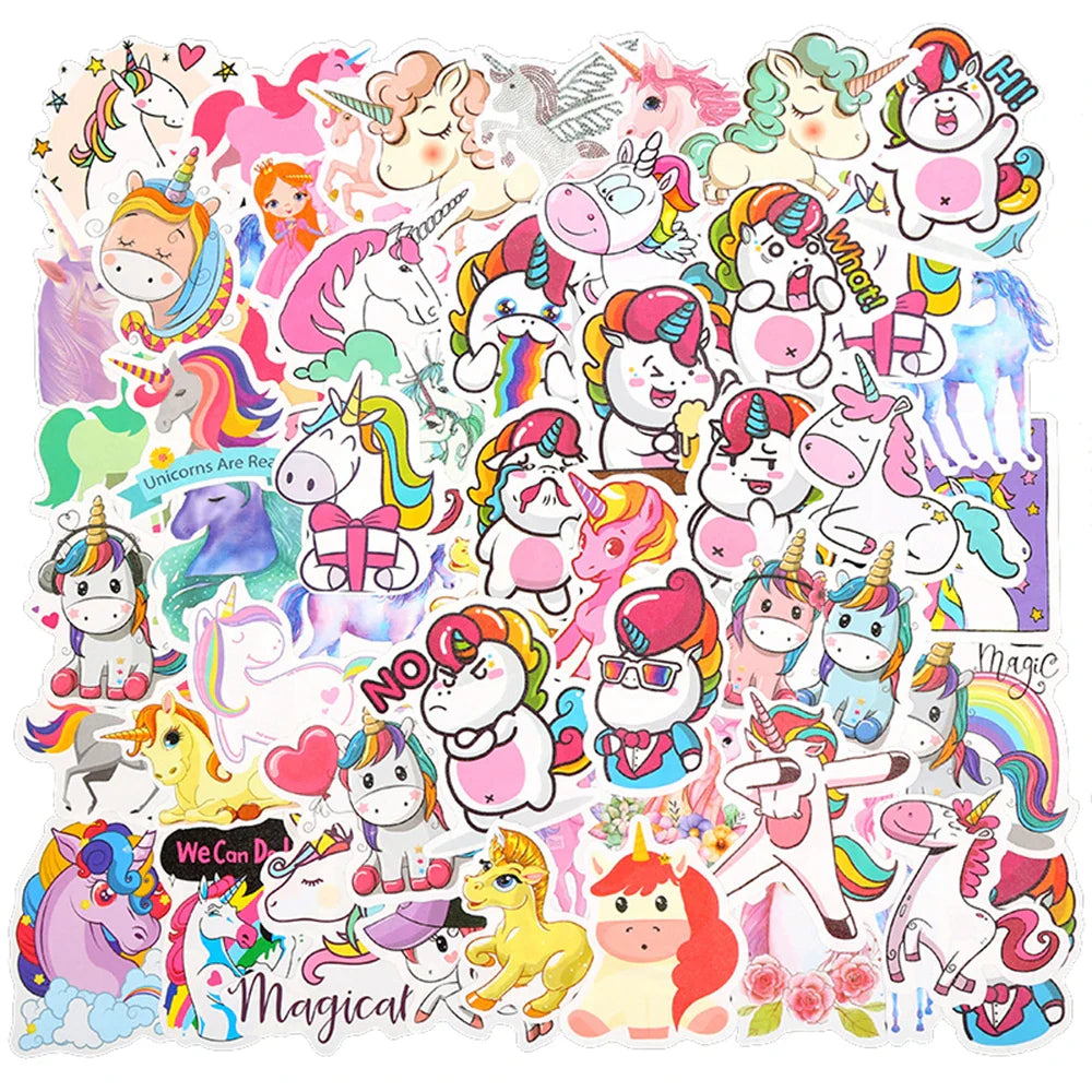 Kawaii Unicorn Stickers Pack - Cartoon Decals for Laptop, Phone, Luggage, Guitar, Bike, Scrapbook (Online Order Only)
