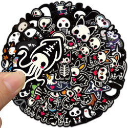 50pcs Black White Cartoon Animals Skeleton Skull Stickers Cute Horror Water Bottle Sticker Luggage Laptop Guitar Vinyl Decals (ONLINE ORDER ONLY)