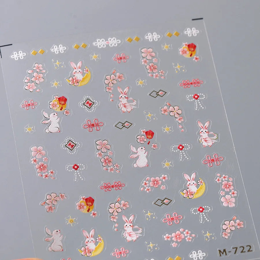 Rabbit Bunny Moon Flower Lantern Peach Blossom Star Bowknot Self Adhesive Nail Art Stickers Rhinestone Delicate Manicure Decals (ONLINE ORDER ONLY)