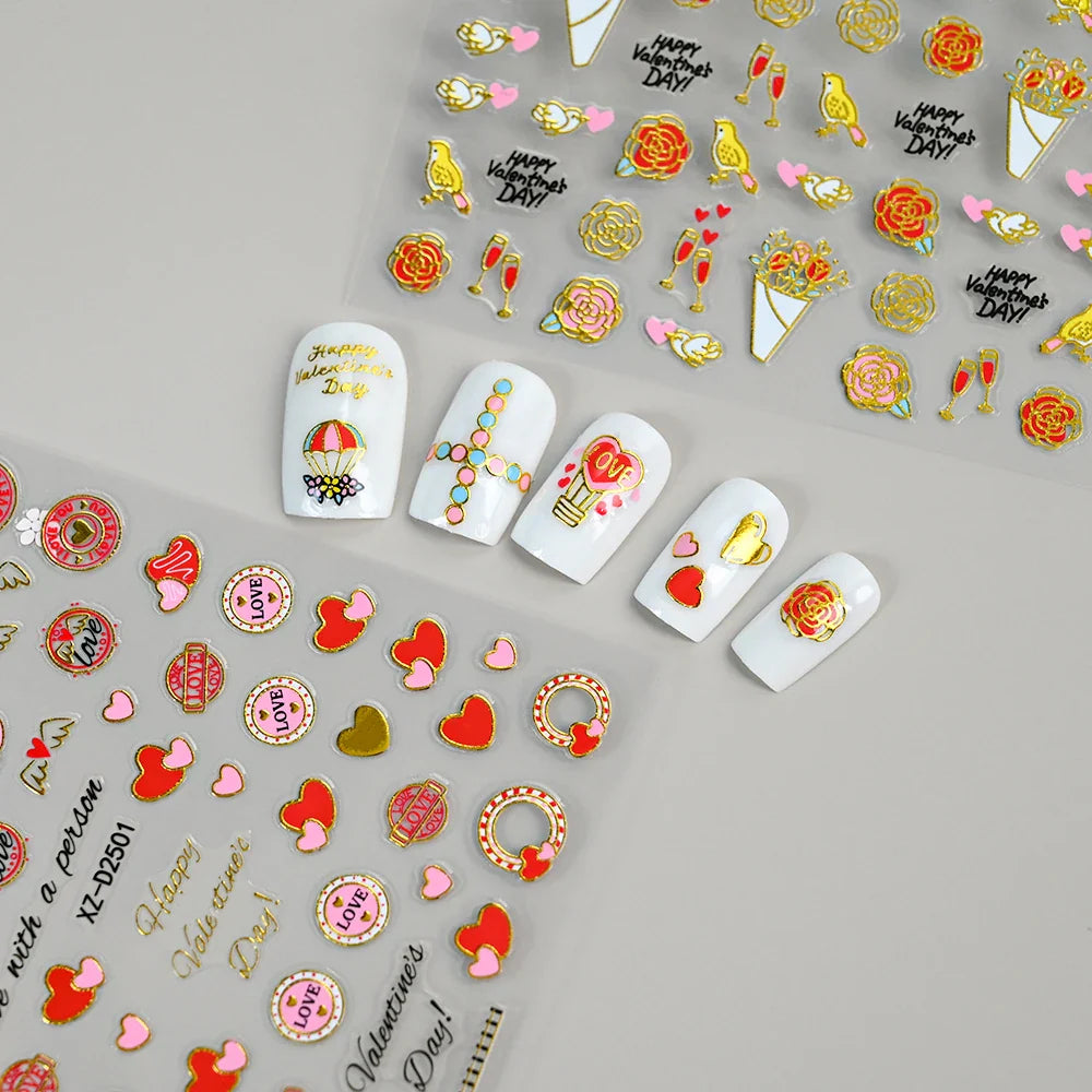 12Pcs 3D Golden Red Glitter Heart Love Nail Sticker Valentine Self Adhesive Cartoon Decal Geometry Lines Stripe Slider Manicure* (ONLINE ORDER ONLY)