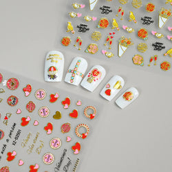 12Pcs 3D Golden Red Glitter Heart Love Nail Sticker Valentine Self Adhesive Cartoon Decal Geometry Lines Stripe Slider Manicure* (ONLINE ORDER ONLY)