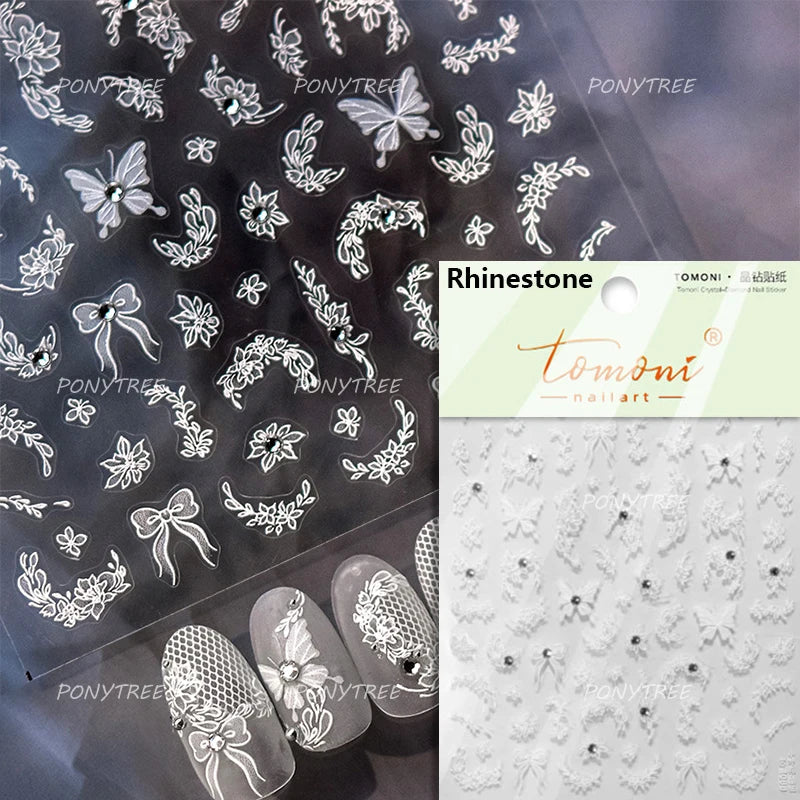 French Romantic Lace Flower Fabric Art Pearl Pendant Portrait Bowknot Textile Printing Delicate Nail Art Stickers Manicure Decal (ONLINE ORDER ONLY)