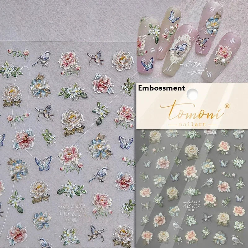 Gradient Coloredful Flower Petal Green Leaf Dreamy Shiny Chinese Rose Fantasy Relief Adhesive Nail Art Stickers Manicure Decals (Online Order Only)