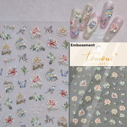 Gradient Coloredful Flower Petal Green Leaf Dreamy Shiny Chinese Rose Fantasy Relief Adhesive Nail Art Stickers Manicure Decals (Online Order Only)