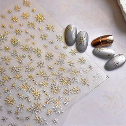 Hot Stamping Romantic White Gold Snowflakes Hexagon Winter 3D Self Adhesive Nail Art Stickers Shiny Rhinestone Manicure Decals (Online Order Only)