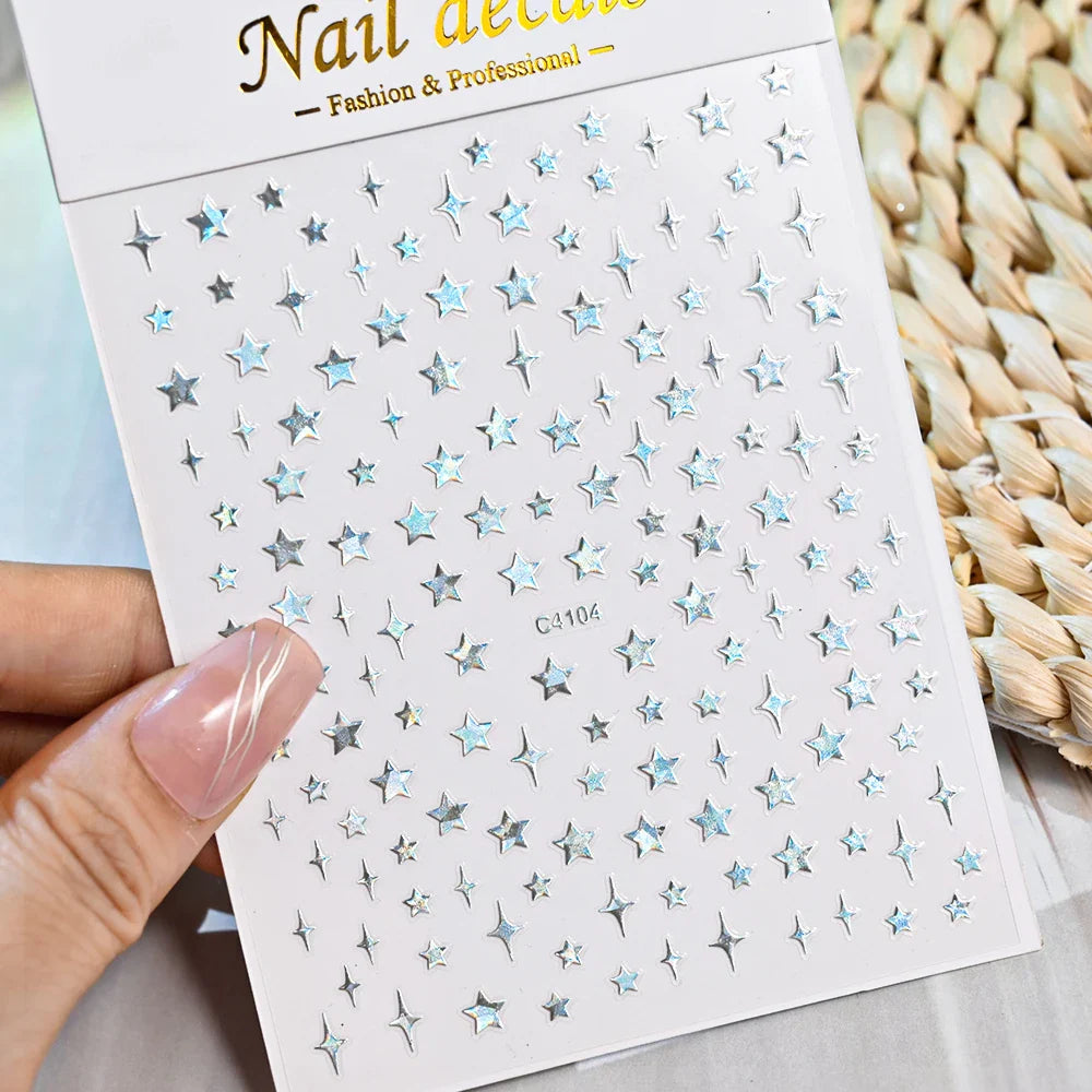 1 Sheet Star Nail Art Stickers 3d Self Adhesive Nail Decals Black White Golden Silver Color Star Design Nail Supplies Accessory (ONLINE ORDER ONLY)
