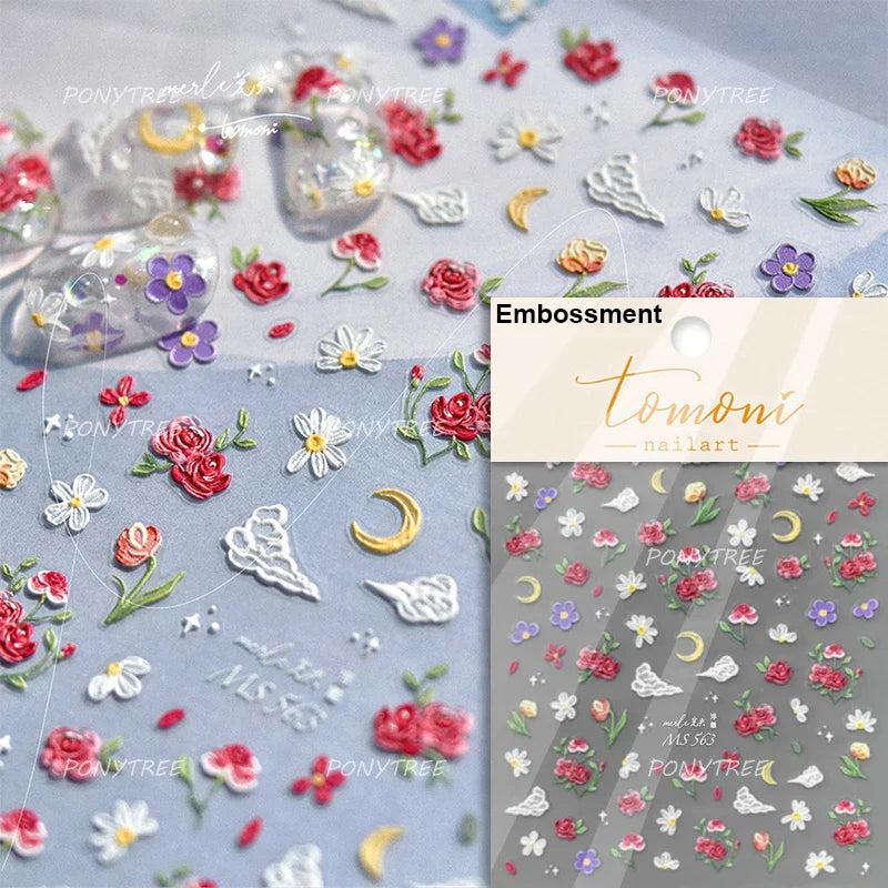 Retro Rose Flowers Bowknot Petal Romantic 5D Soft Embossed Relief Self Adhesive Nail Art Decoration Stickers 3D Manicure Decals (ONLINE ORDER ONLY)