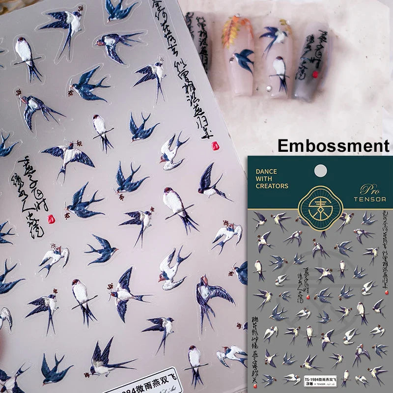 Swallow Bird Insect Animal Phoenix Peacock Dove 3D Self Adhesive Nail Art Stickers Chinese Ancient Poetry Manicure 5D DIY Decals (ONLINE ORDER ONLY)