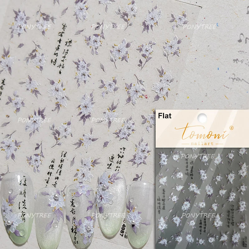White Flower Colourful Butterfly Pearl Petal Beautiful Garden Charming Plant 5D Self Adhesive Nail Art Stickers Manicure Decals (ONLINE ORDER ONLY)