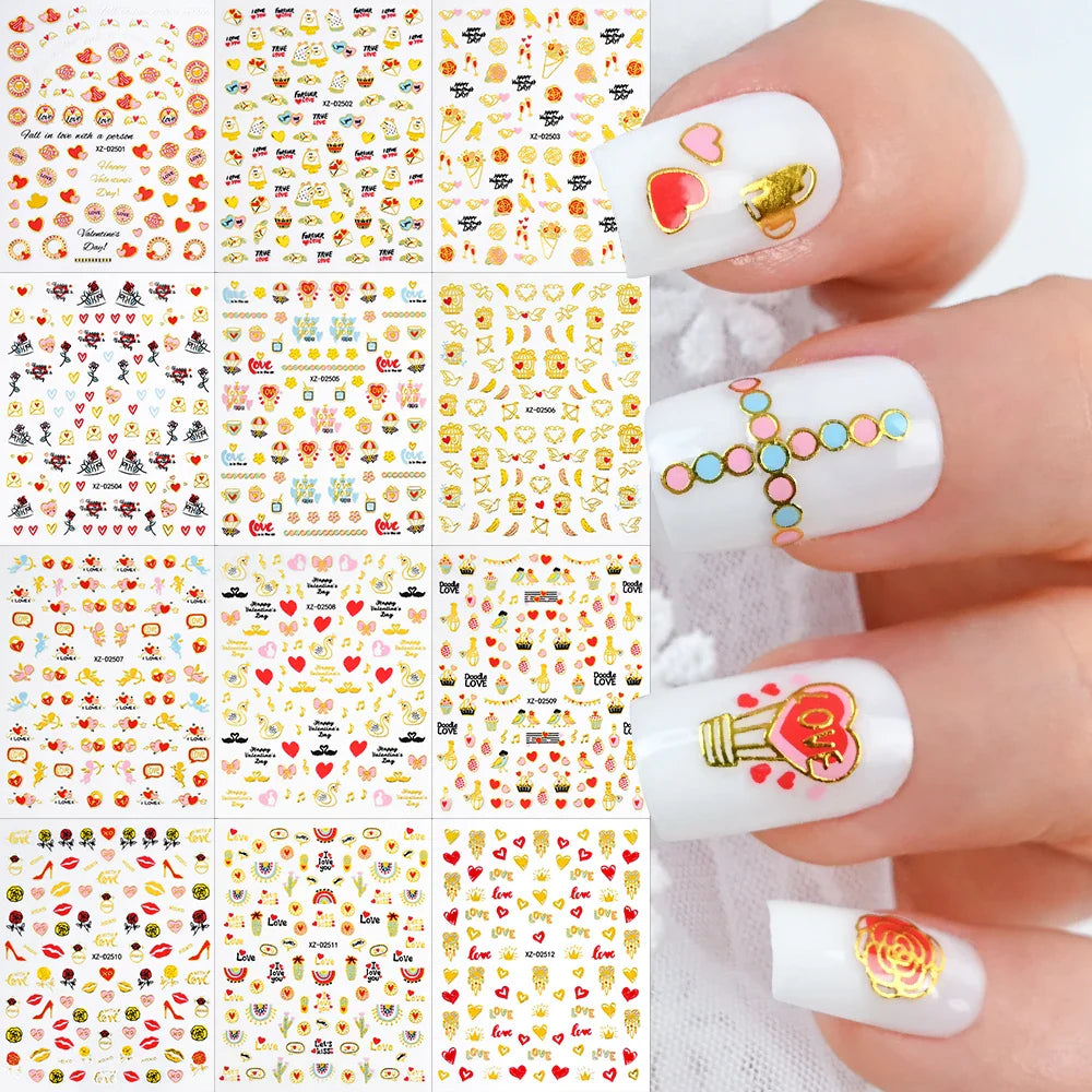 12Pcs 3D Golden Red Glitter Heart Love Nail Sticker Valentine Self Adhesive Cartoon Decal Geometry Lines Stripe Slider Manicure* (ONLINE ORDER ONLY)