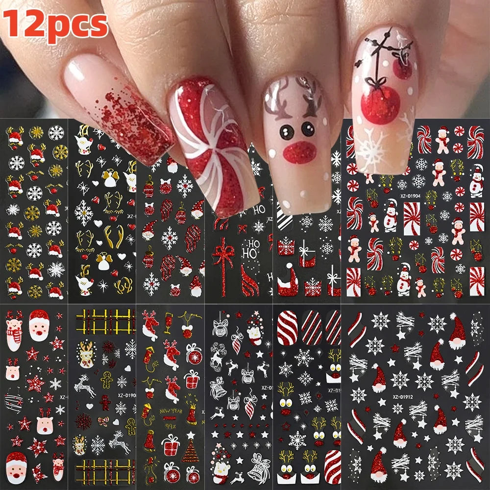12Pcs 3D Golden Red Glitter Heart Love Nail Sticker Valentine Self Adhesive Cartoon Decal Geometry Lines Stripe Slider Manicure* (ONLINE ORDER ONLY)