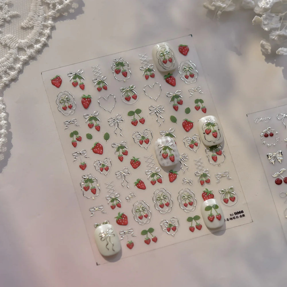 Lovely Red Fruit Strawberry Cherry Bowknot Love Heart Star Silk Ribbon Chic Rhinestone Adhesive Nail Art Stickers Manicure Decal (ONLINE ORDER ONLY)