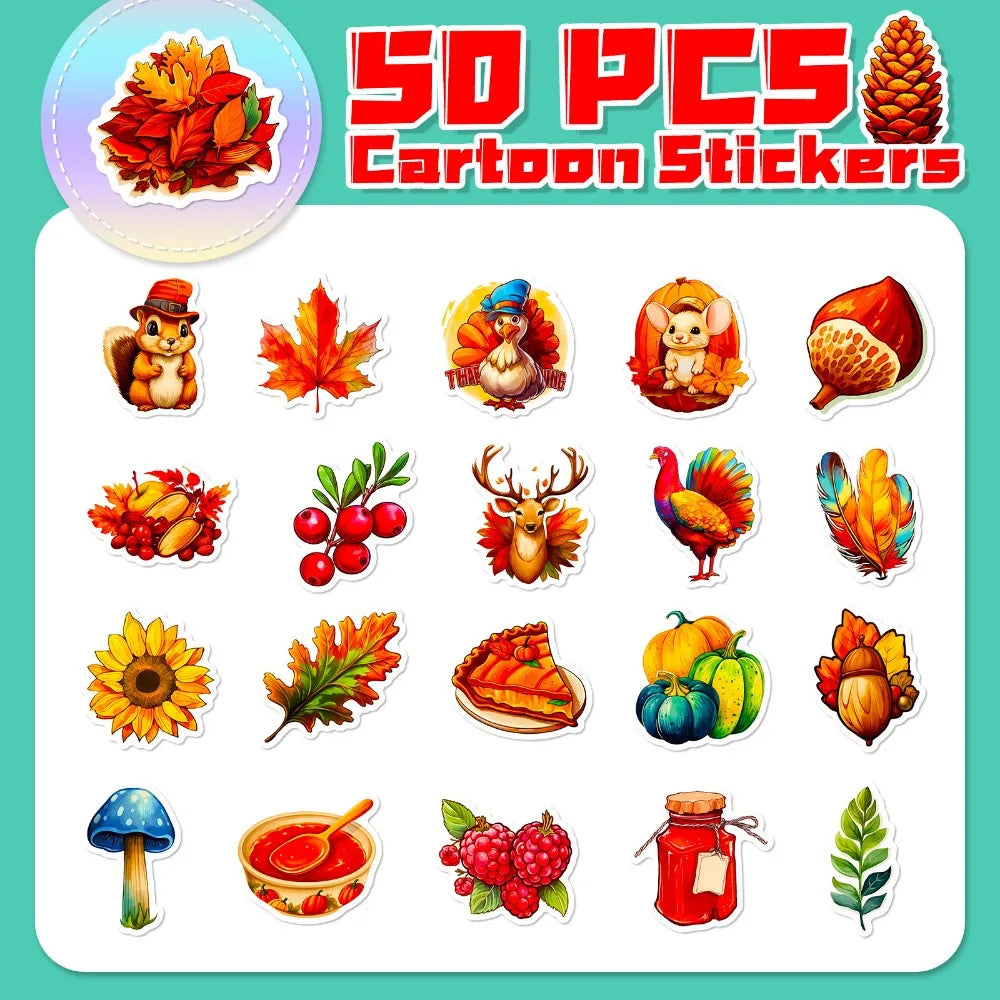 10/50Pcs Thanksgiving Day Stickers Harvest Festival Cartoon Cute Pumpkin Nut Squirrel Children Toy Decals Laptop Guitar Suitcase (Online Order Only)