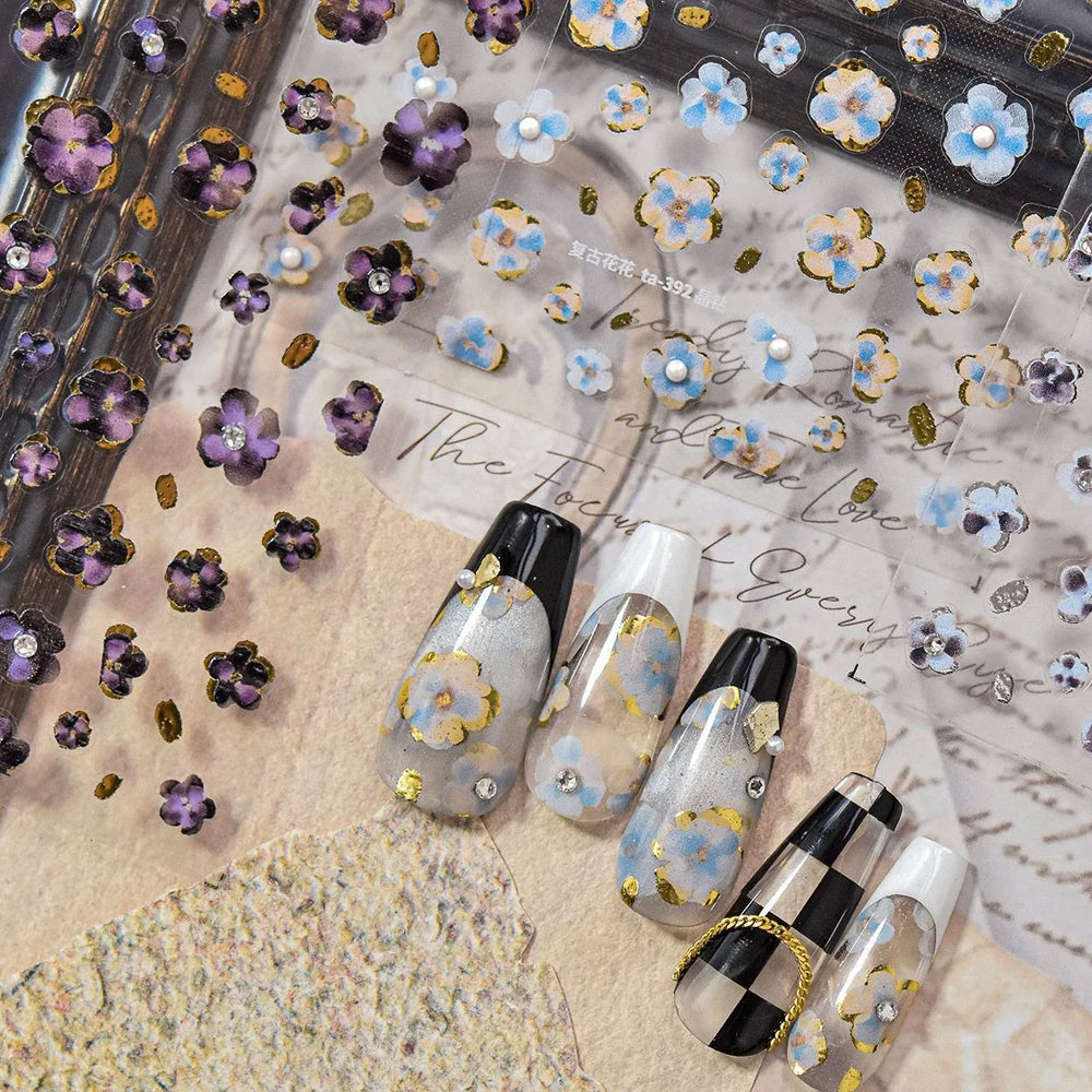 Retro Flowers Petal Pearl Rhinestones Halo Dyeing Chic Daisy Vintage Gold Foil  Floral Designs Nail Art Stickers Manicure Decals (ONLINE ORDER ONLY)