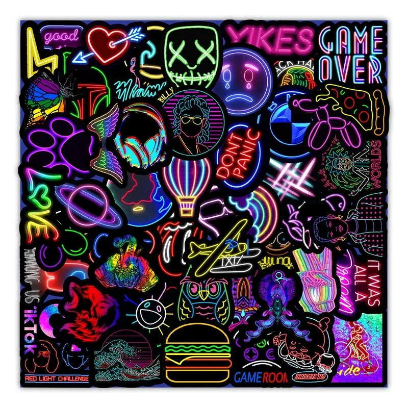 50 Pcs Funny Designer Bike Stickers Neon Decals Bicycle Frame Stickers Fashion Cycle Travel Accessories (ONLINE ORDER ONLY)