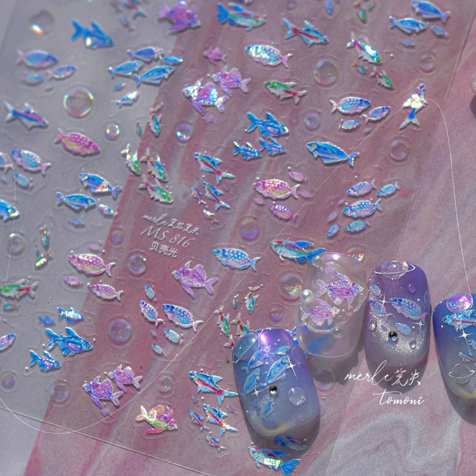 Colorful Shoal of Fish Whale Ocean Shell Conch Starfish Summer Sea Jellyfish Bubble Nail Art Decoration Sticker Manicure Decals (ONLINE ORDER ONLY)
