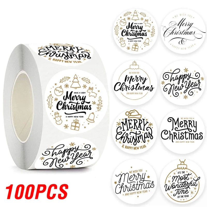 100-500pcs Merry Christmas Sticker , Round Adhesive Decoration Sticker for Cards Envelope Seal Xmas Gift Wraps Box Bags (ONLINE ORDER ONLY)