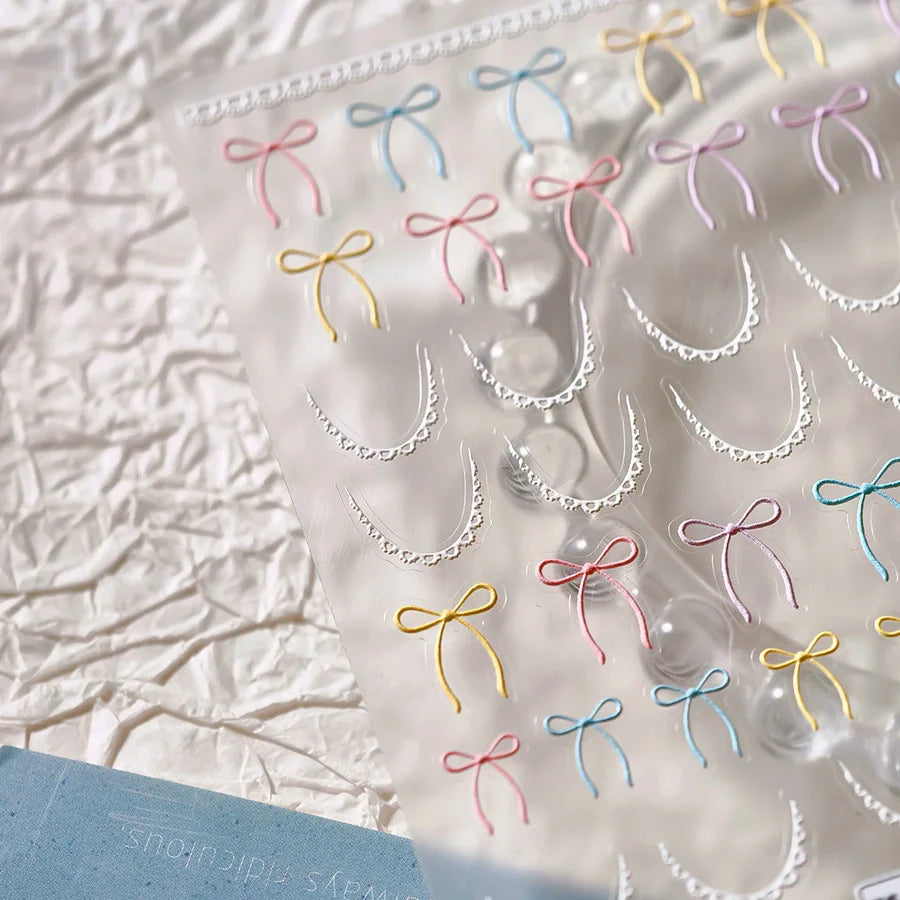 Pink Blue Purple Lovely Line Bowknot Lace Arc Curve Romantic Delicate Cording Embossed Adhesive Nail Art Sticker Manicure Decal (ONLINE ORDER ONLY)