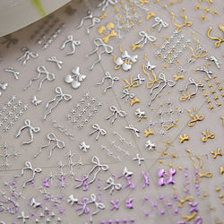 Purple Gold Silver Bowknot Cherry Fruit Cute Ribbon Tie Line Delicate 3D Adhesive Nail Art Stickers Manicure Decals Wholesale (Online Order Only)