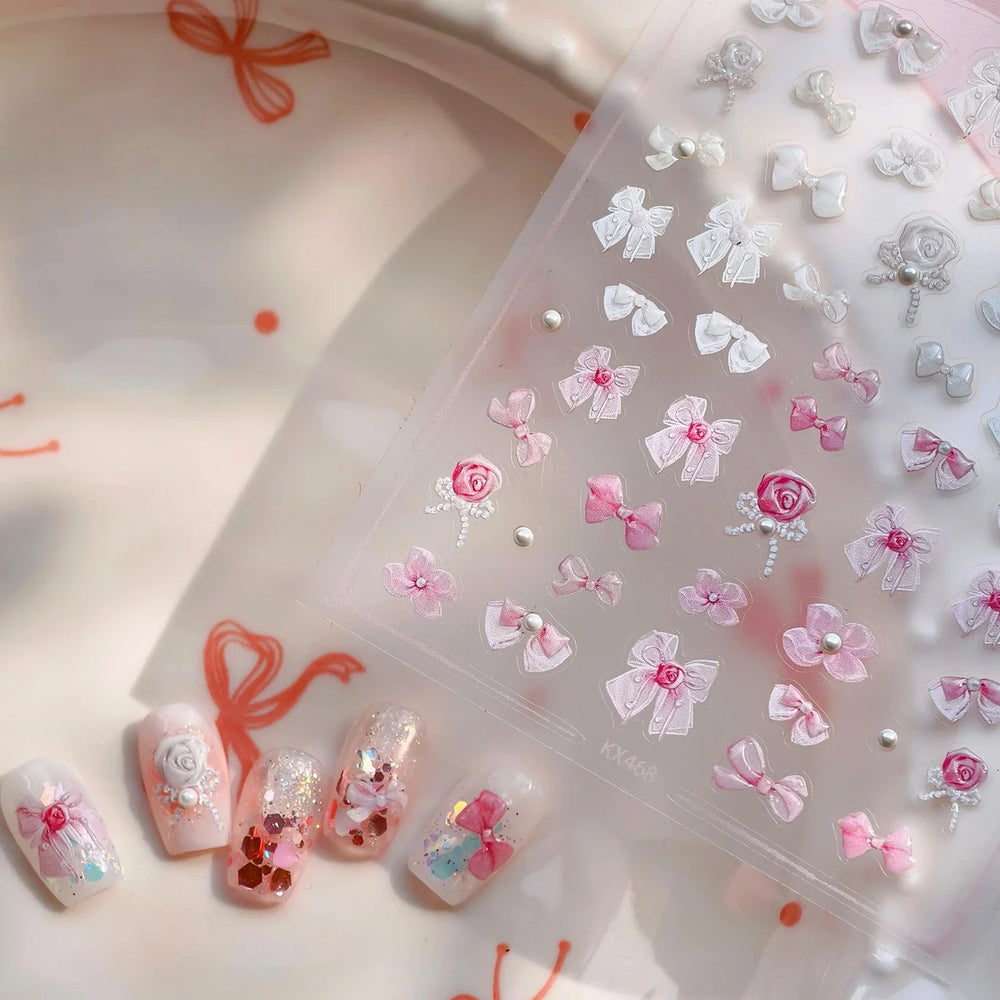 Chic Pink White Rose Flower Lace Bowknot Ribbon Jelly 5D Pearl Romantic Charming Self Adhesive Nail Art Sticker Manicure Decals (ONLINE ORDER ONLY)