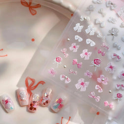 Chic Pink White Rose Flower Lace Bowknot Ribbon Jelly 5D Pearl Romantic Charming Self Adhesive Nail Art Sticker Manicure Decals (ONLINE ORDER ONLY)