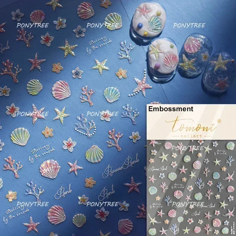 Hot Stamping Laser Shell Conch Starfish Pearl Whale Coral Dolphin Summer Beach Sea Wave Jellyfish Bubble Nail Art Stickers Decal (ONLINE ORDER ONLY)