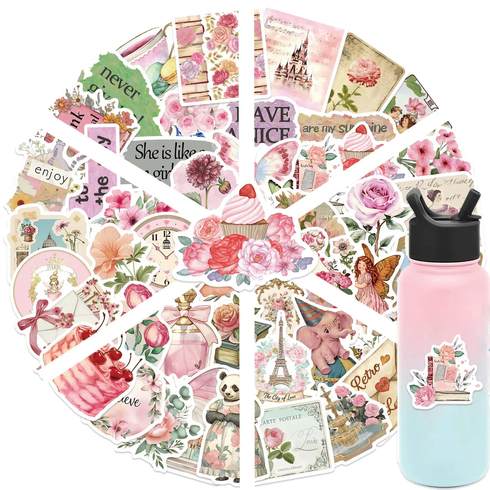 50PCS Retro Pink Collage Doodles Sticker Waterproof Graffiti Sticker Art Picture Luggage Home Scrapbook Cartoon Laptop (ONLINE ORDER ONLY)