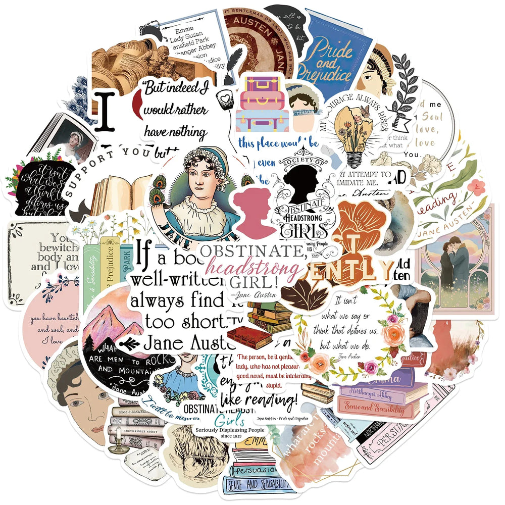50pcs Novelist Jane Austen Stickers For Scrapbook Phone Laptop Suitcase Guitar Stationery Car Graffiti Sticker Novel Decals DIY (ONLINE ORDER ONLY)