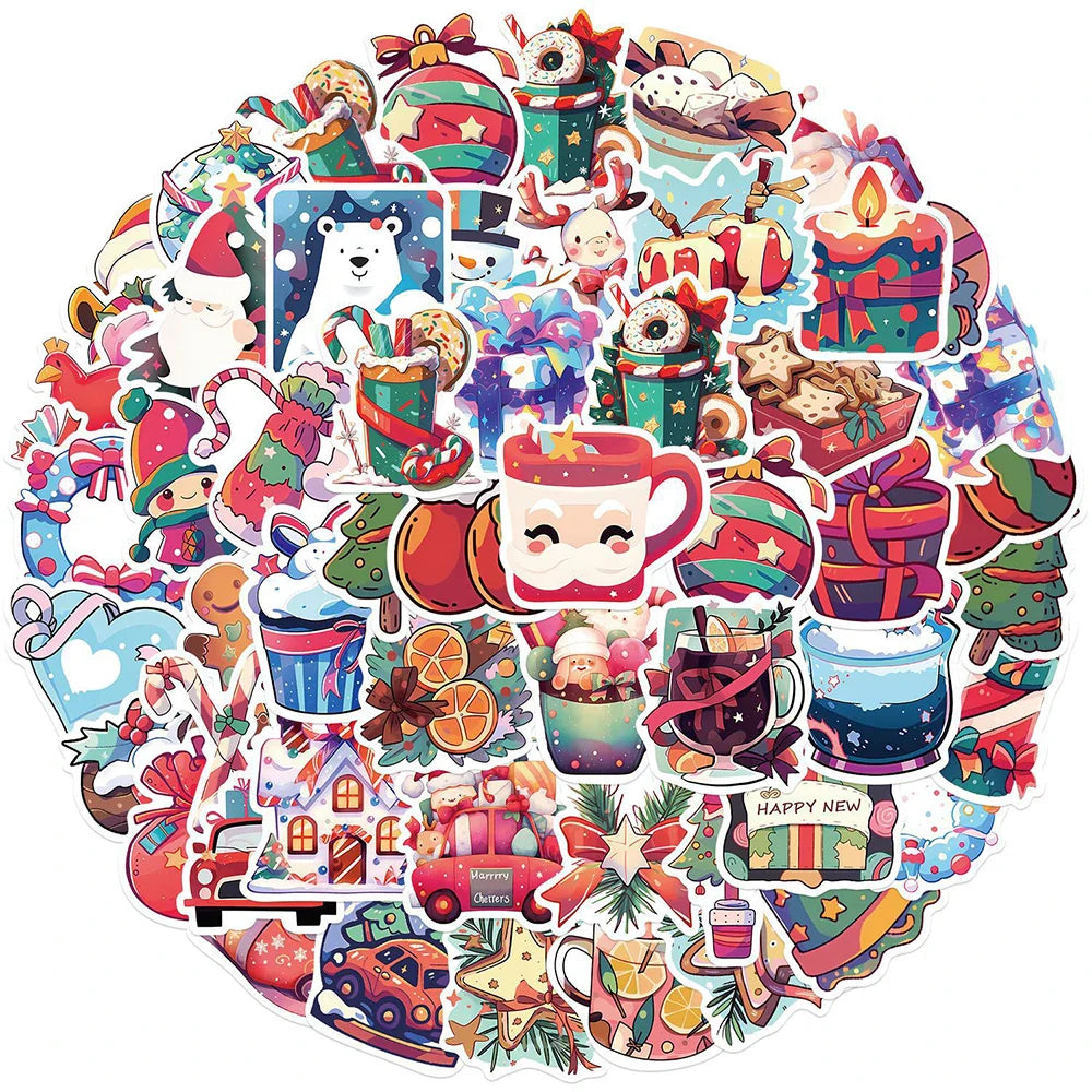 10/30/50PCS Cute Christmas Cartoon Stickers Santa Claus Decals Toys DIY Skateboard Fridge Phone Funny Waterproof Graffiti Gift (ONLINE ORDER ONLY)
