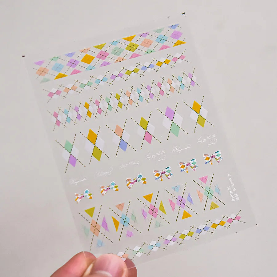 French Style Colorful Square Grid Rhombus Stripe Bowknot Line 3D Self Adhesive Nail Art Stickers Shiny Rhinestone Manicure Decal (Online Order Only)
