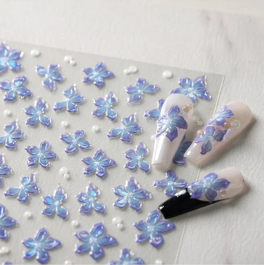 Charming Dreamy Shiny Jelly Blue Gradient Lily Flowers Rose Petal White Dot Chinese Colorful Nail Art Stickers Manicure Decals (ONLINE ORDER ONLY)