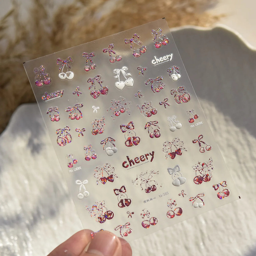 Colourful Cherry Abundant Fruits Bowknot Shiny White Line Outline Self Adhesive Nail Art Stickers Chic Rhinestone Manicure Decal (ONLINE ORDER ONLY)