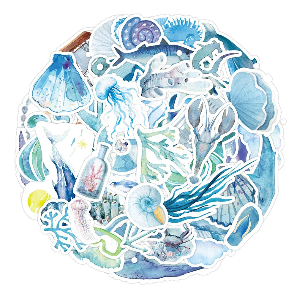 10/30/50PCS Blue Ocean Art Graffiti Stickers Painting Undersea World Cartoon Decals DIY Notebook Laptop Phone Car Waterproof Toy (ONLINE ORDER ONLY)
