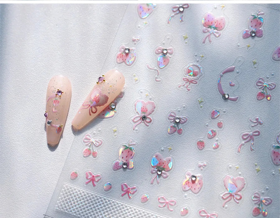 Cute Pink Strawberry Bowknot Star Lesbian Ribbon Fluttering Fruit Rhinestone Relief Adhesive Nail Art Stickers Manicure Decals (ONLINE ORDER ONLY)