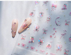 Cute Pink Strawberry Bowknot Star Lesbian Ribbon Fluttering Fruit Rhinestone Relief Adhesive Nail Art Stickers Manicure Decals (ONLINE ORDER ONLY)